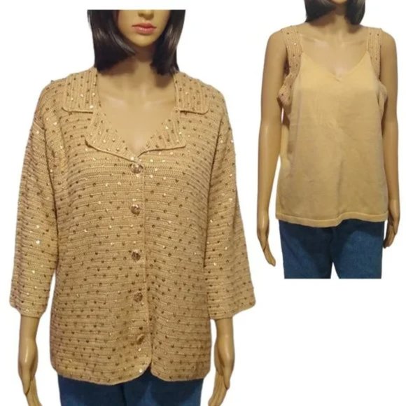 Vintage Storybook Knits Gold Crochet Tank Top and Blazer Cardigan Sweater Medium - Picture 1 of 12